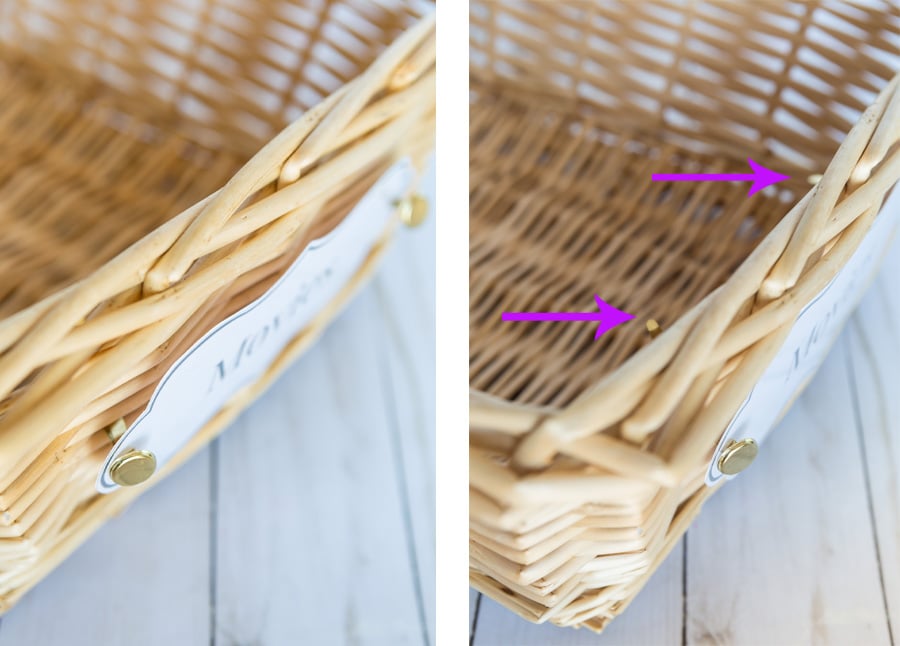 Steps showing how to attach a label to a basket and not just any label, but a label you can make yourself with many free printable labels found at In My Own Style blog. 

