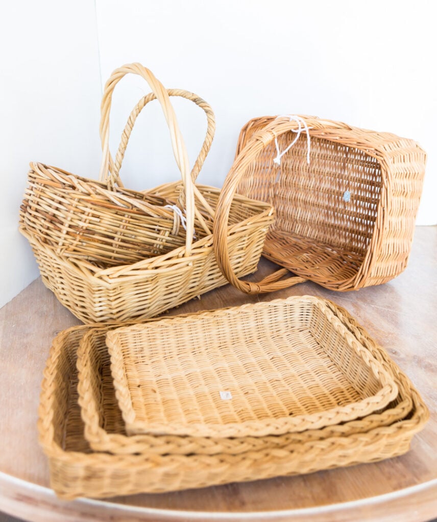 A variety of baskets found at the thrift store. 