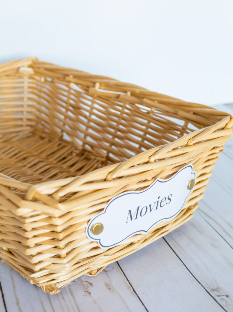 Wicker storage basket with DIY laminated label.