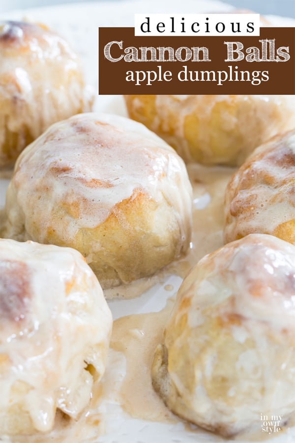 Image of a plate filled with delicious baked apples wrapped in pie crusts called Cannon Ball apple dumplings.