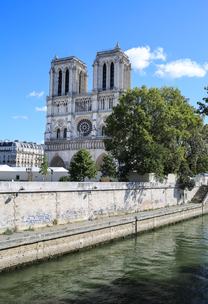 Front view of Notre Dame Cathedral in Paris after the fire.