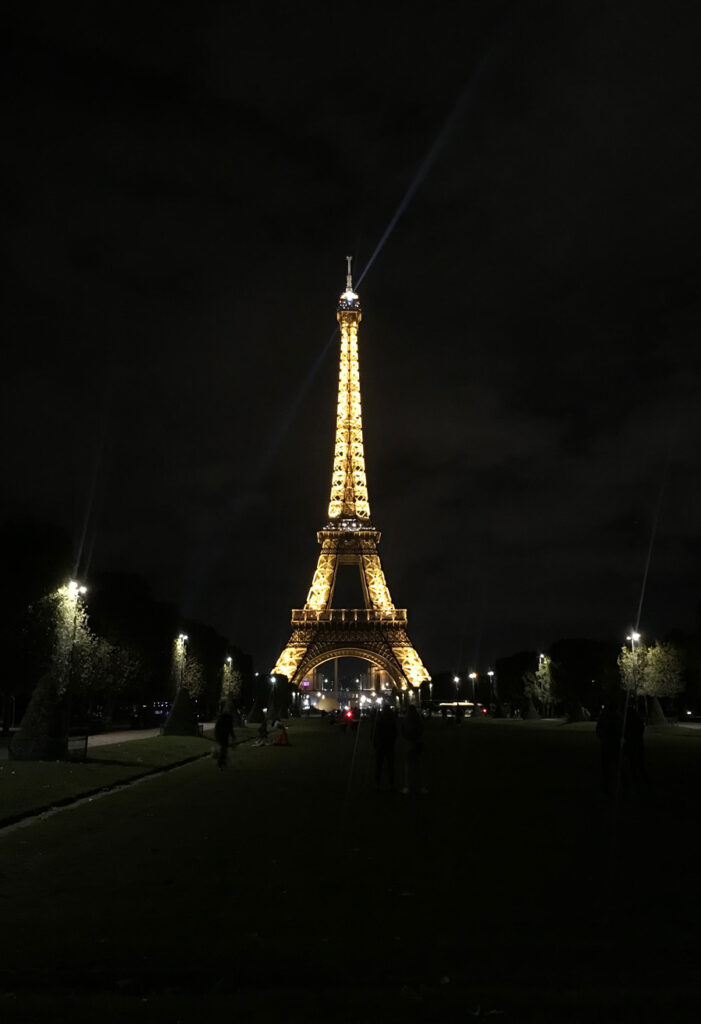 The Eiffel Tower at lit up at night