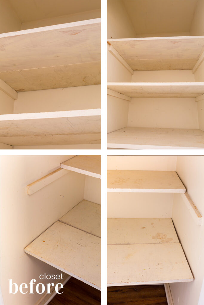 Before photos of a small hall closet getting prepared for a makeover using KILZ primer and paint.