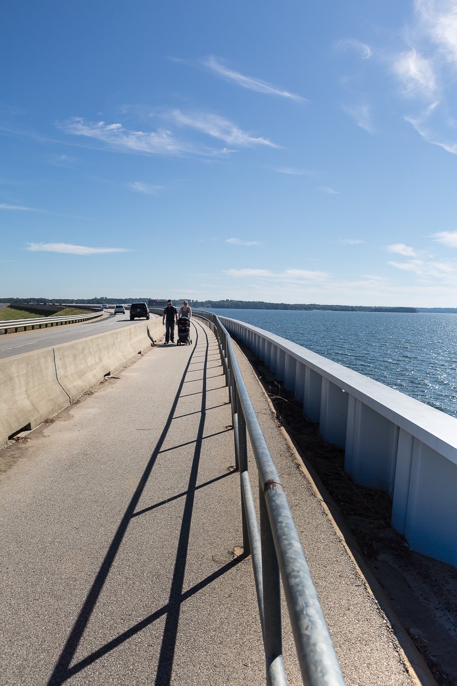 walking along lake murray dam walkway