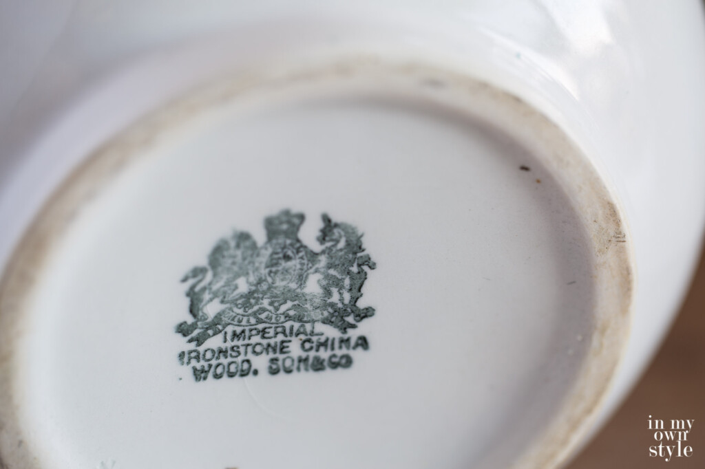 Ironstone marking on bottom of white pitcher.