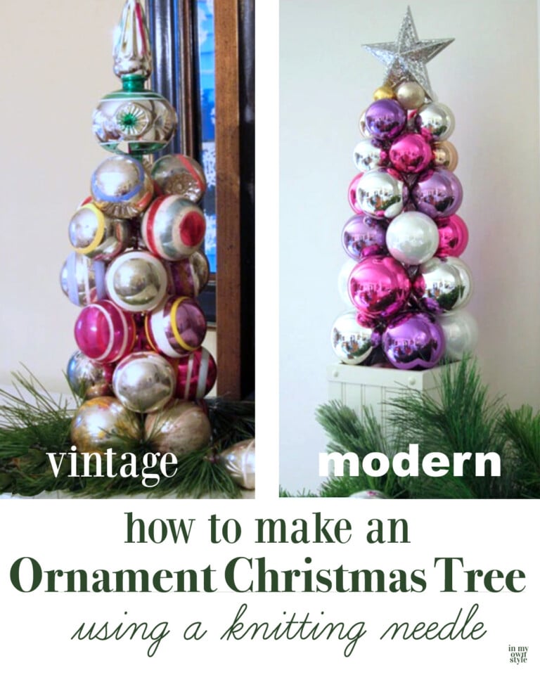 How to make a table top Christmas tree using a round ball ornaments and a knitting needle.