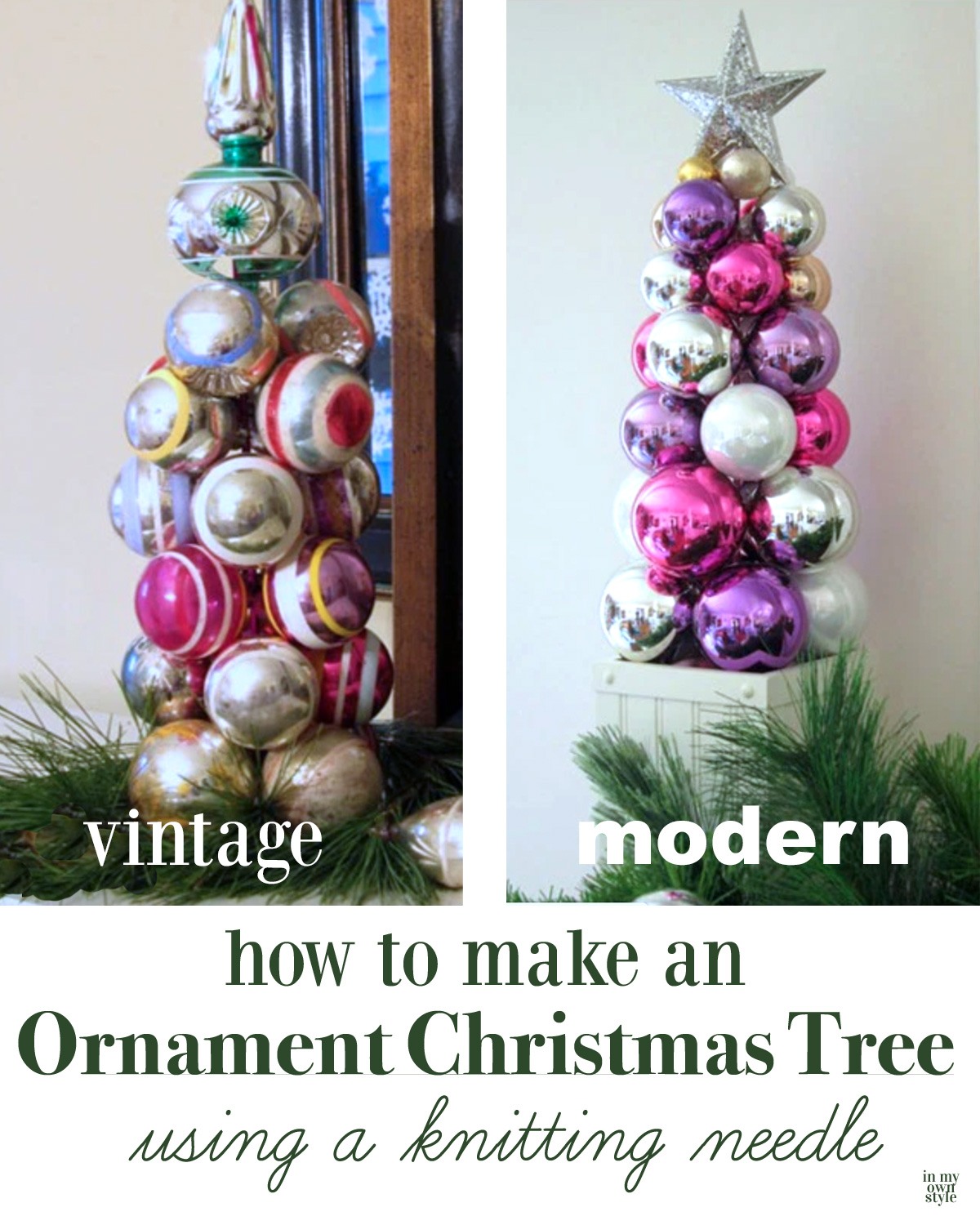 How to make a table top Christmas tree using a round ball ornaments and a knitting needle.