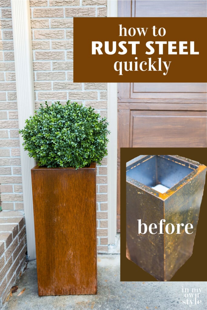 metal planter with rusted finish photo. 