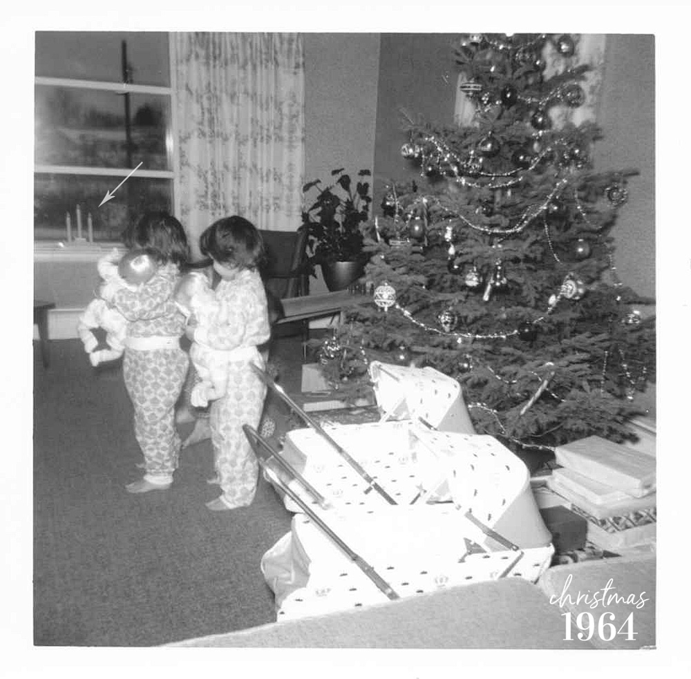 Black and white photo with Diane, In My Own Style blogger and her twin sister on Christmas morning 1964