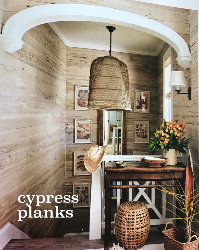 Hallway and stairwell with cypress plank walls