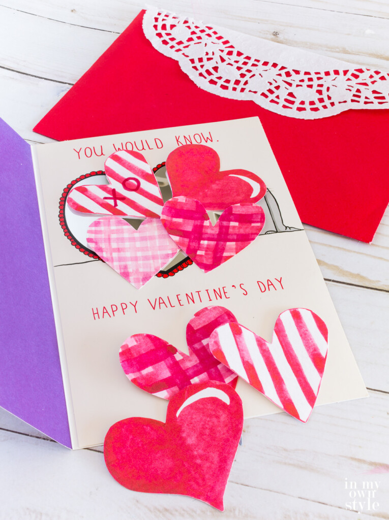 Valentine Card making idea using a free printable of watercolor hearts.