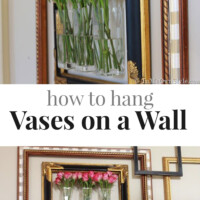 rectangular glass vases on a wall mixed in with empty picture frames to create a unique layered gallery wall.