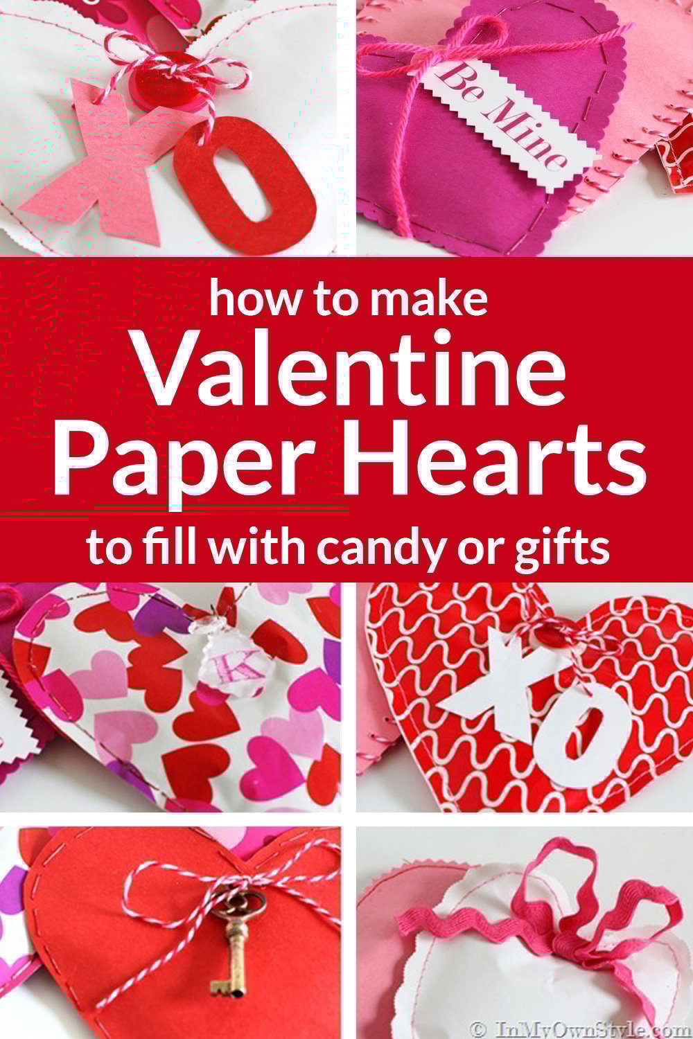 How to make paper heart pouches to fill with candy or a small gift to give for Valentine's Day