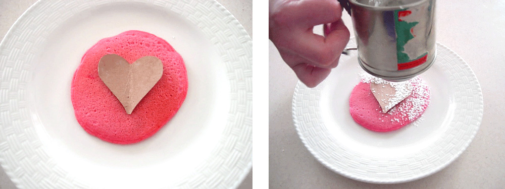 How to make red hearts on pancakes to serve for Valentine's Day breakfast.