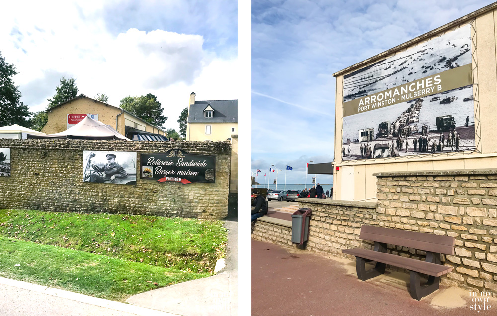 Photos of WW II GI's from 1945 on walls in current day Normandy France