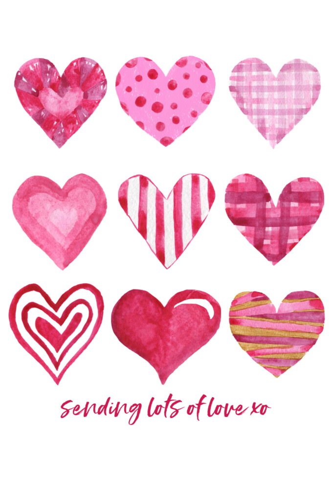 Free Printable sheet of Watercolor Hearts for Valentine Crafting.