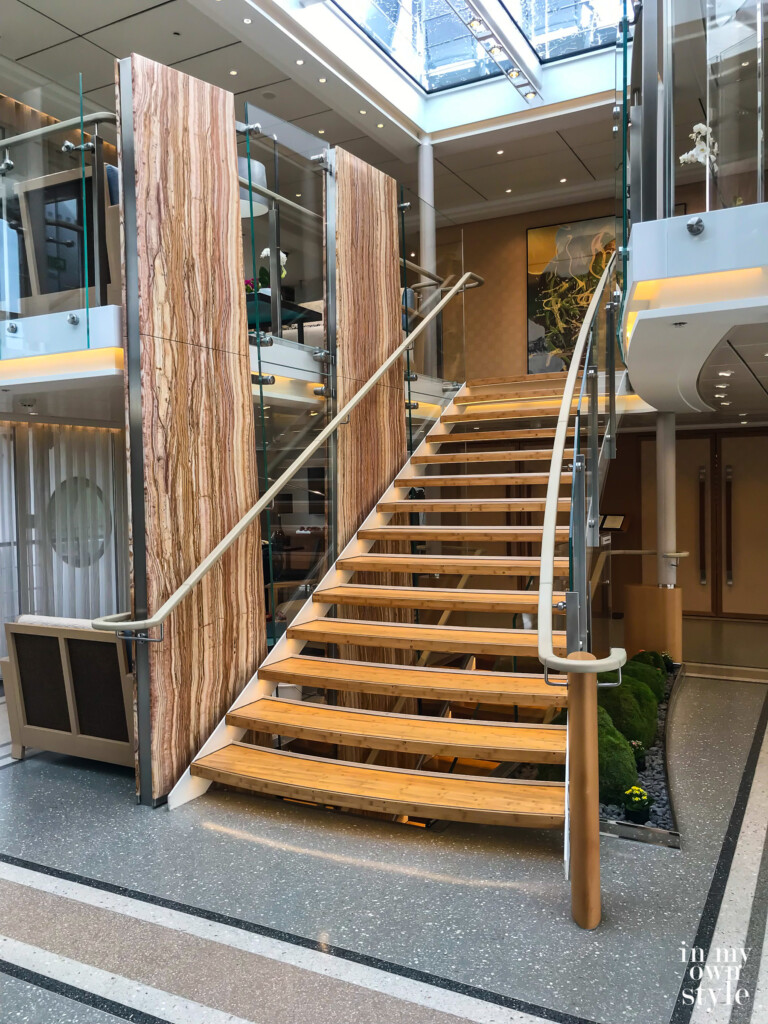 Open wood Staircase in main area of the the ship