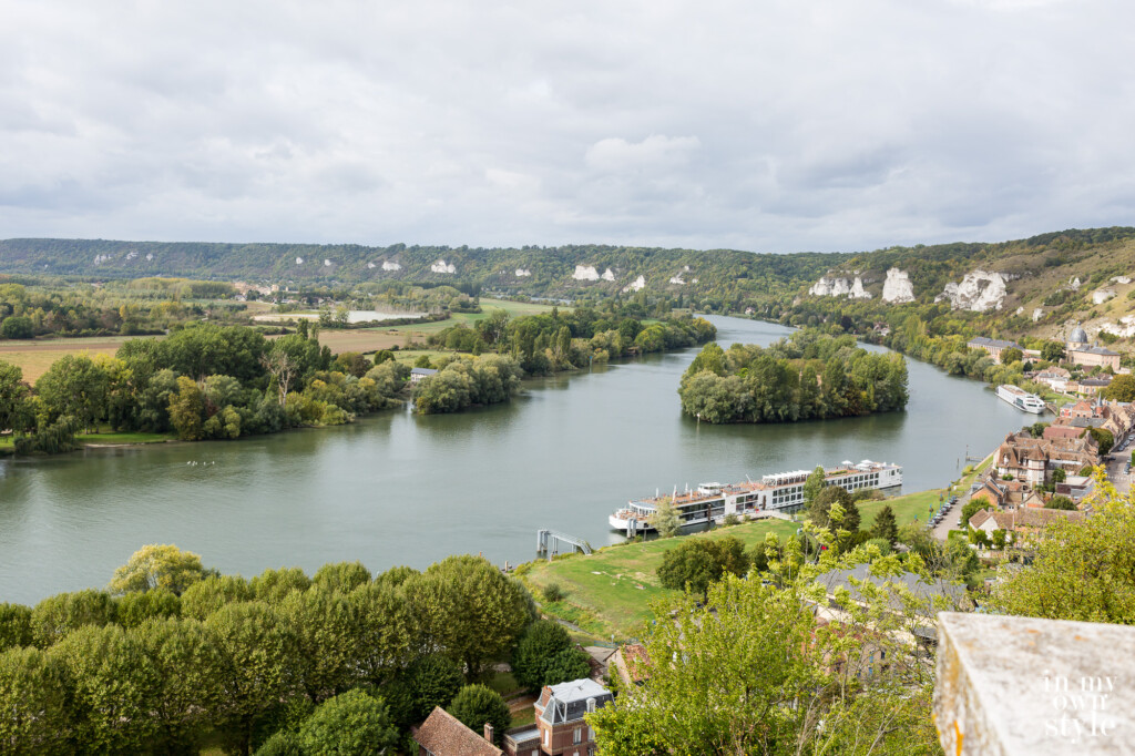 Looking down on the Seine in Les Andelys France ruins of the Chateau Gaillard