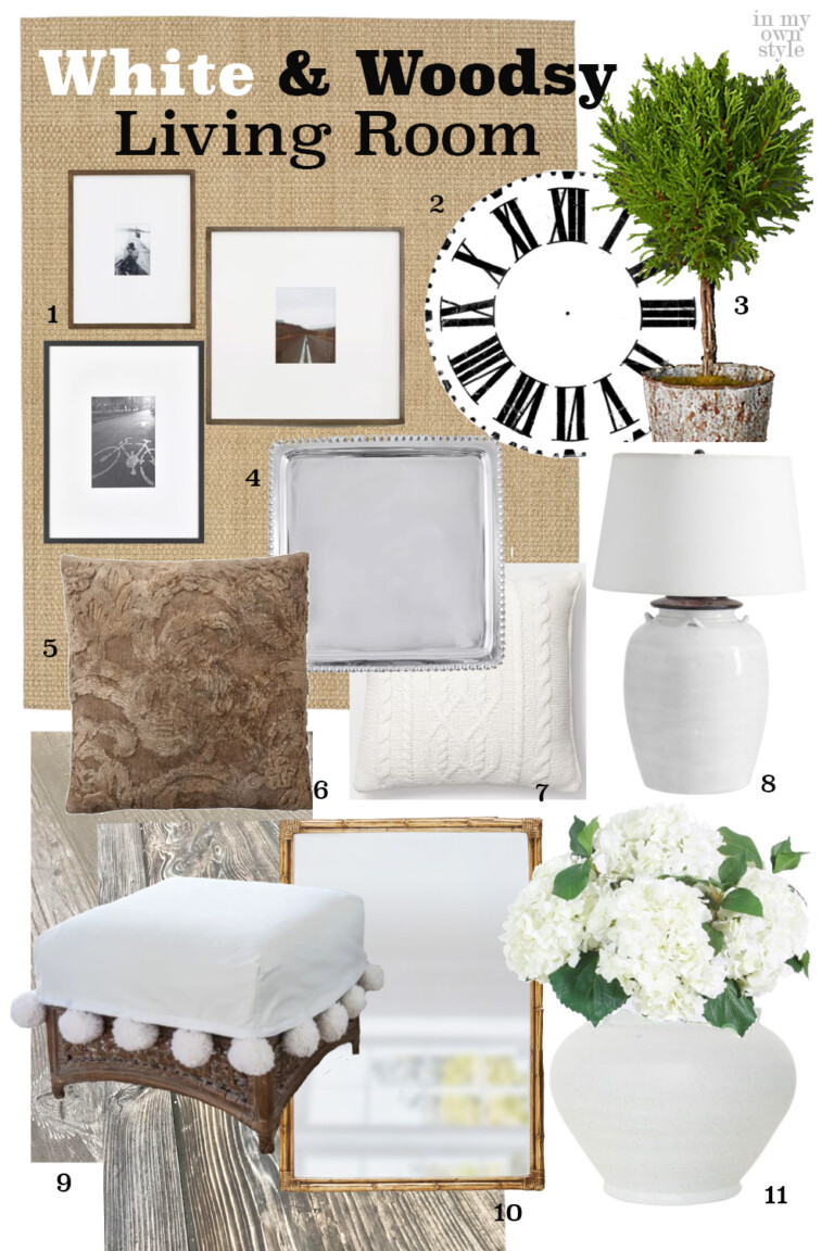 Items to use for a White and Woodsy Decorating trends and style for a living room.