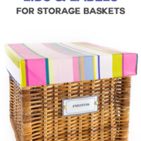Basket with colorful striped lid made using cardboard and giftwrap.