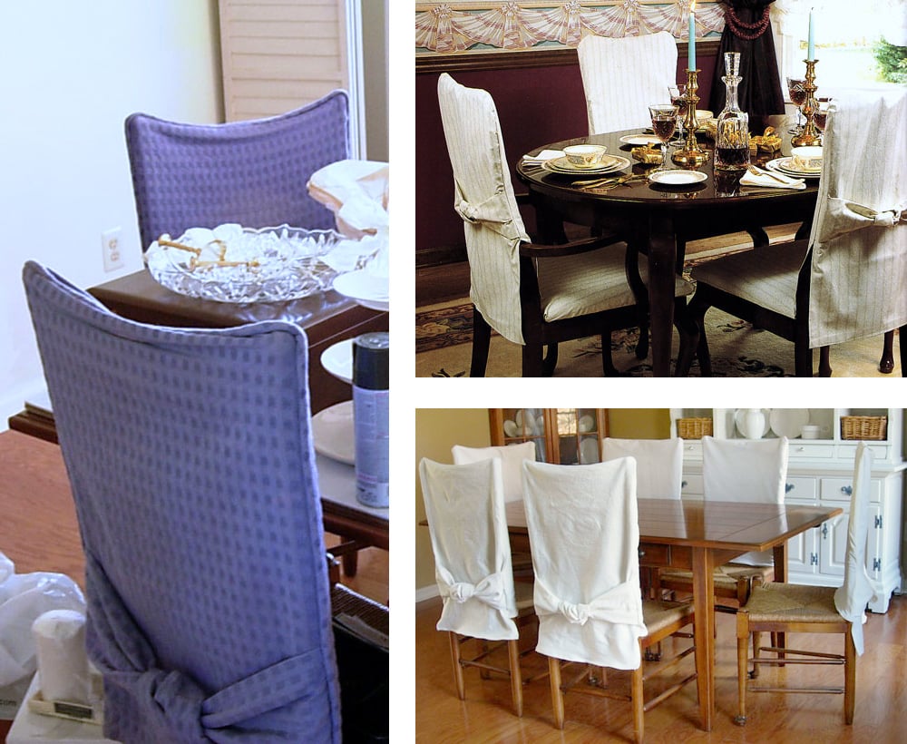 3 examples of DIY dining room chair back covers to make.