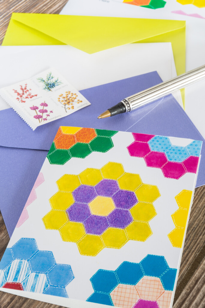 Free printable note card of a colorful quilt block design of grandmother's garden.