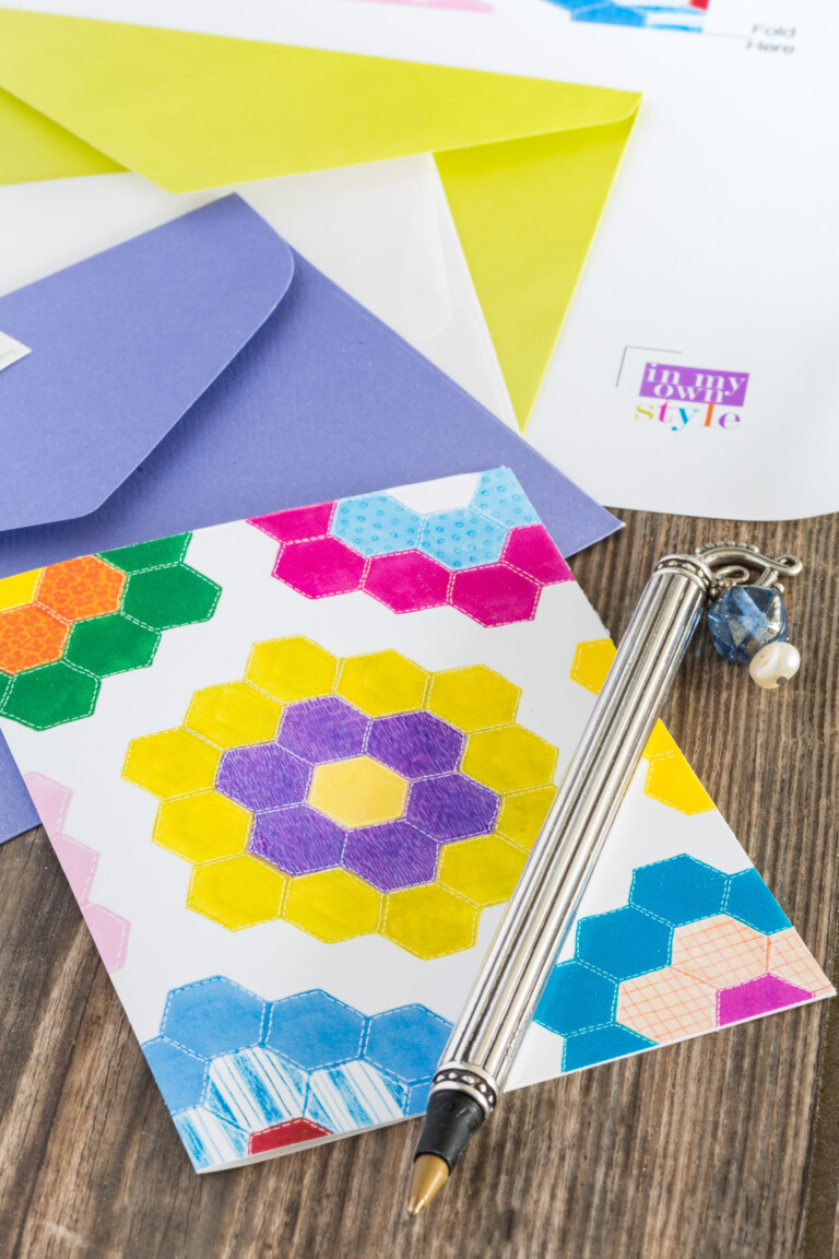 Free printable note card of a colorful quilt block design of grandmother's garden