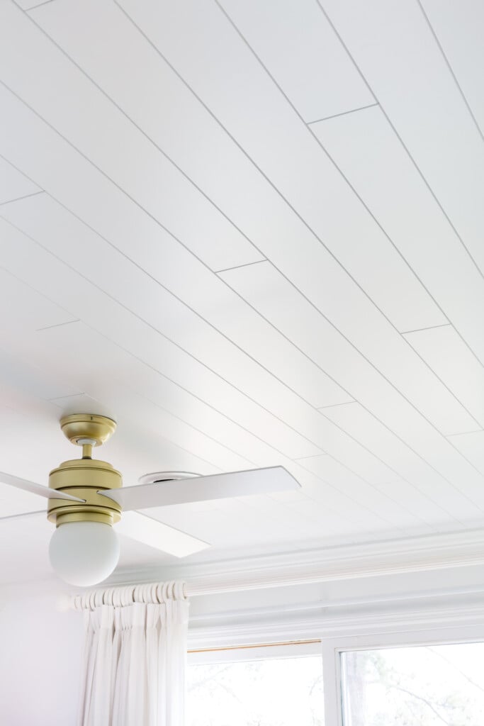 Armstrong WoodHaven Planks in Painted White on a bedroom ceiling.
