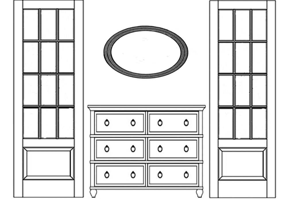 Proper way to hang an oval mirror over a piece of furniture.