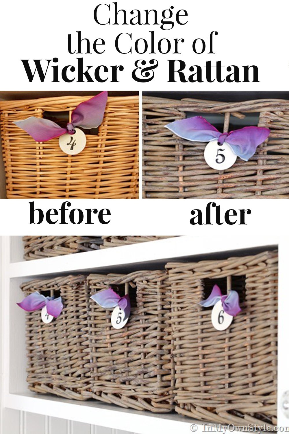 How to change the color of a basket using craft paint. This photo shows going from natural to a driftwood grey color.