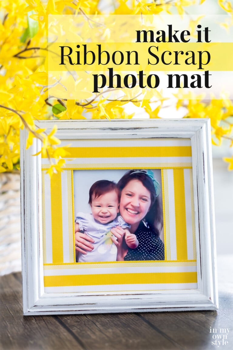 White and yellow ribbon mat DIY on a white photo frame