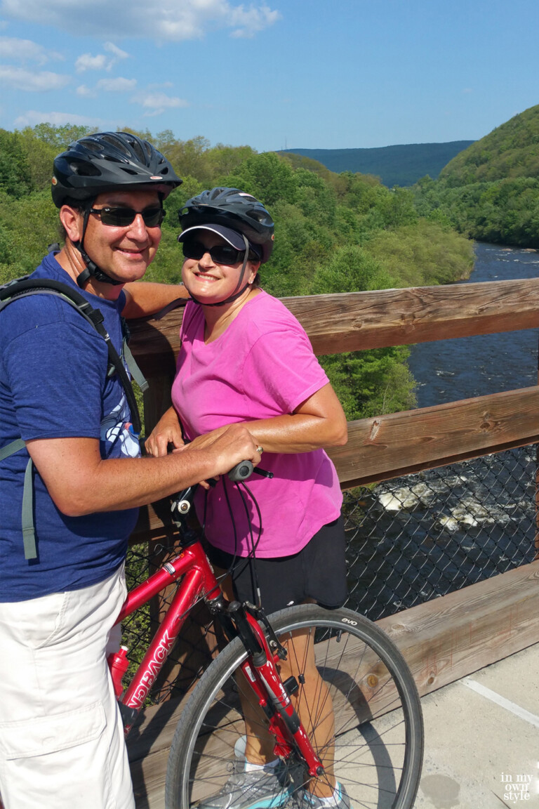 Diane-and-Ed-In-My-Own-Style-blog standing by bikes on a bike tour along the Lehigh River Gorge