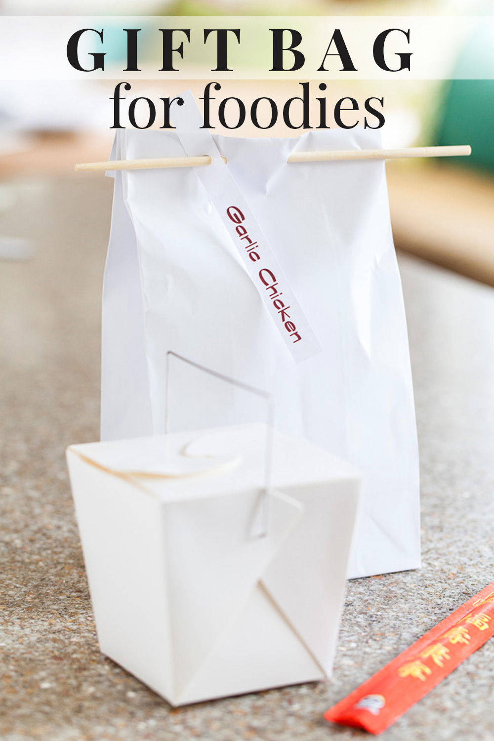 Image of a Chinese take out box and a white lunch bag with a chop stick closure on it. Gift Bag for foodies