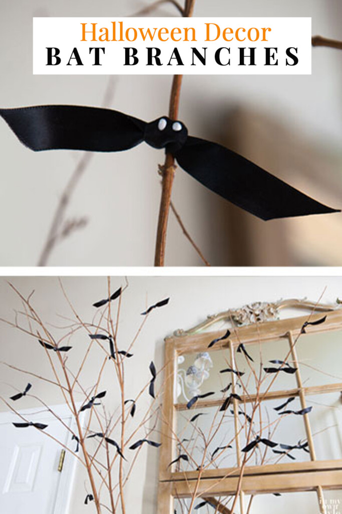 Halloween Decor Ribbon Bats tied on a branch.