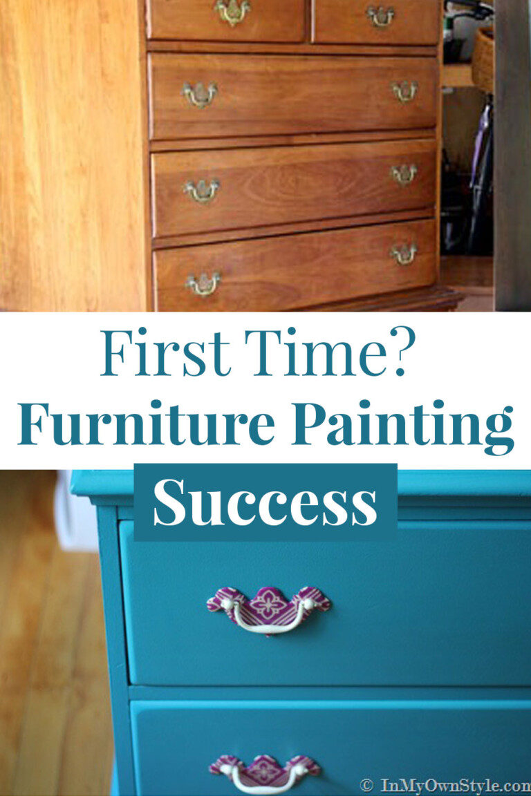 Image of golden brown chest of drawers and after it is painted turquoise. Written overlay says, First time? Furniture painting success.