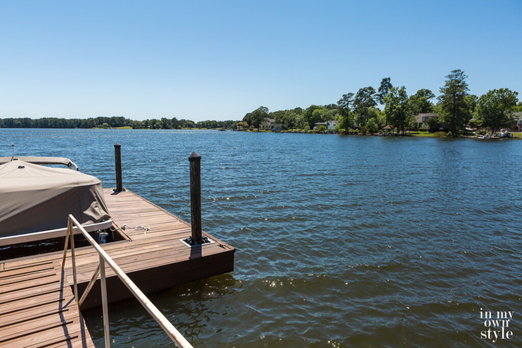 Boat tied up on floating covered on Lake Murray