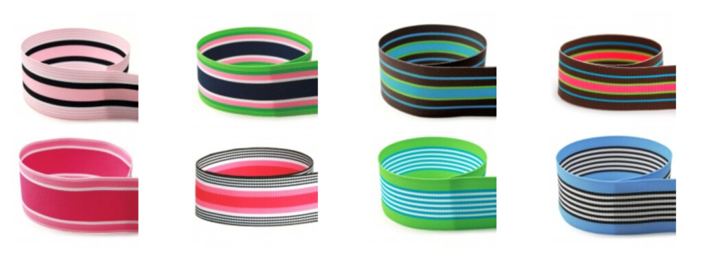 Rolls of colorful striped ribbon.