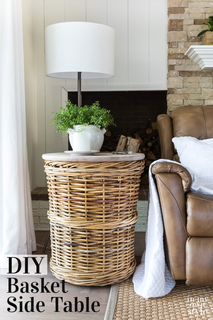 Large wicker basket DIY side table idea in corner of living room.