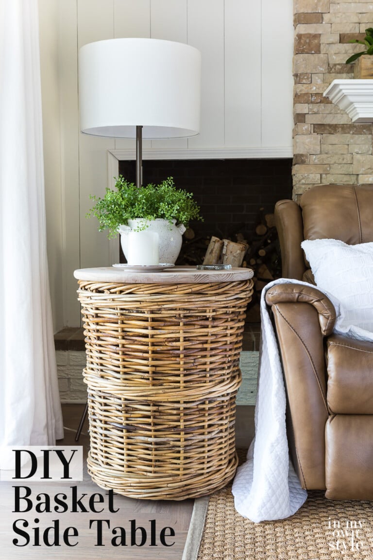 Large wicker basket DIY side table idea in corner of living room.
