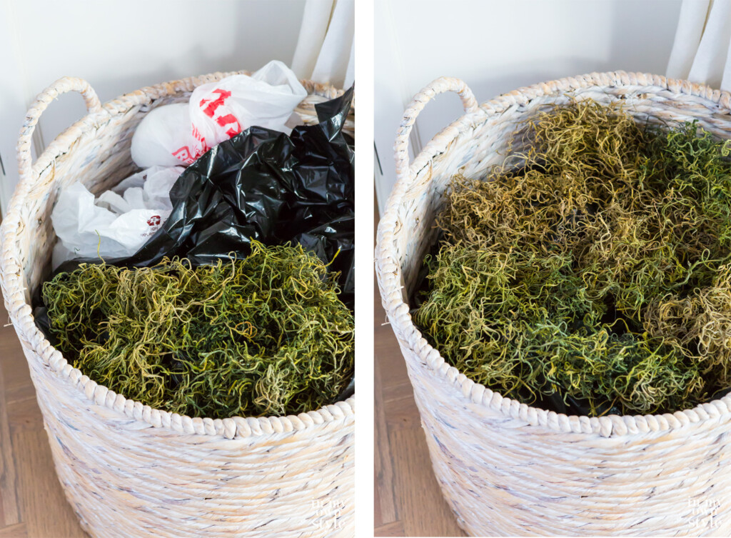 Side by side images showing how to fill a large basket bunched up plastic bags and moss before placing fake plant in.