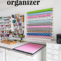 Craft room walls with 3 white frames holding ribbon, tools and gift wrap.