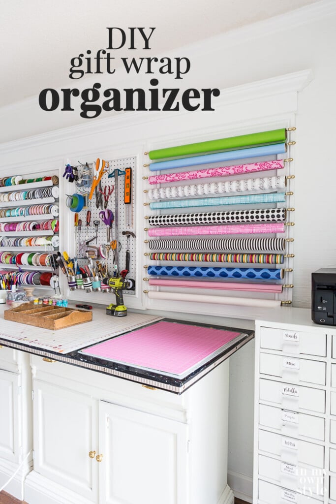 Craft room walls with 3 white frames holding ribbon, tools and gift wrap.