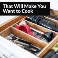 Kitchen drawer open to show tools. Text overaly says Kitchen Tools That will make you want to cook.