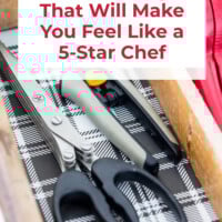 Open kitchen drawer with herb scissors. Text overlay says Kitchen Gadgets that will make you feel like a 5 star chef