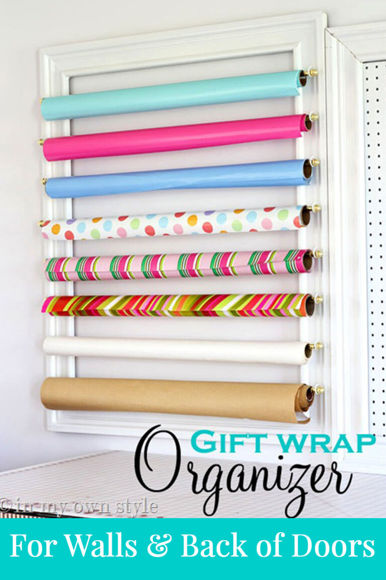 Gift wrap rolls organized on a wall in a frame. Overlay says Gift Wrap Organizer