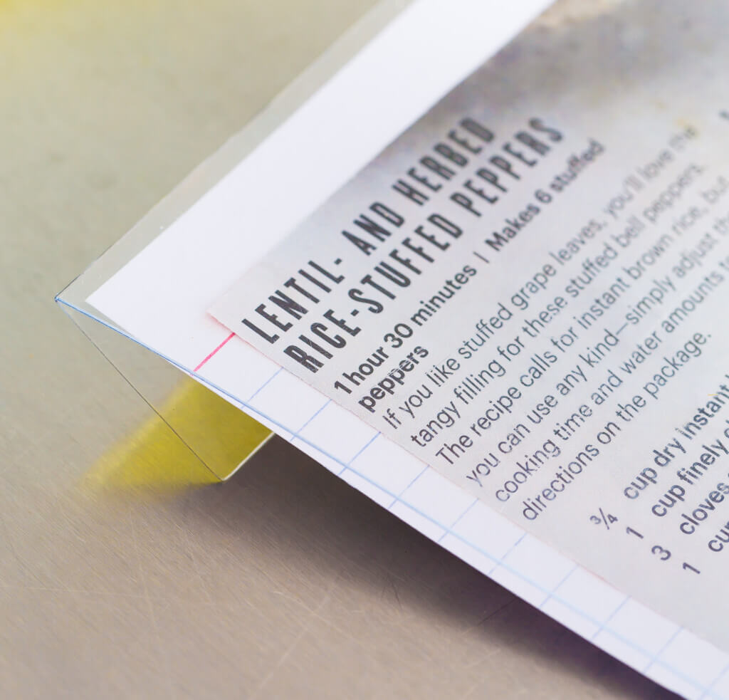 Close up of DIY clear cover for recipe cards when you are using them.