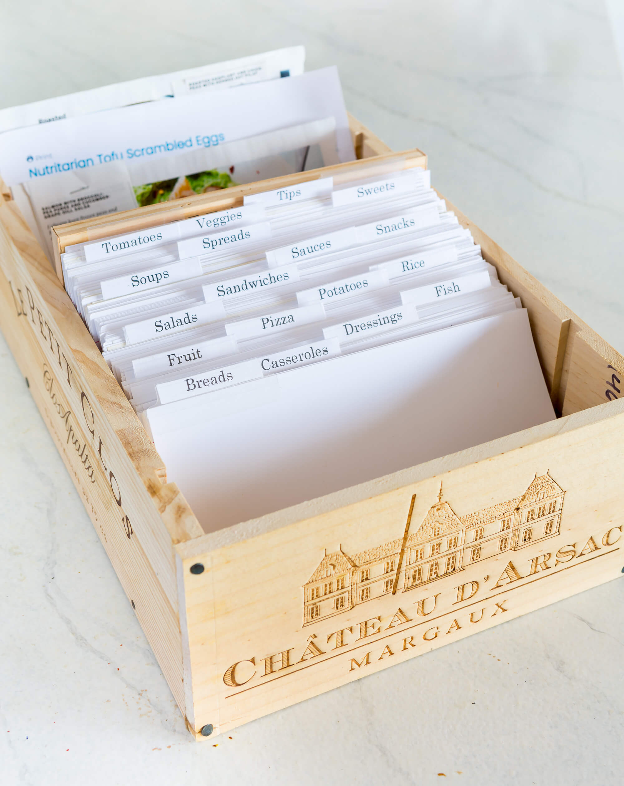 Clever idea upcycling a wine box in the kitchen to make a diy recipe holder card box.