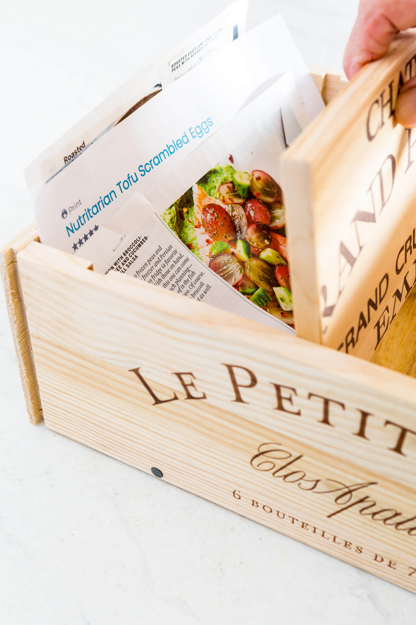 Close up shot of wood recipe card box made using a wine crate.