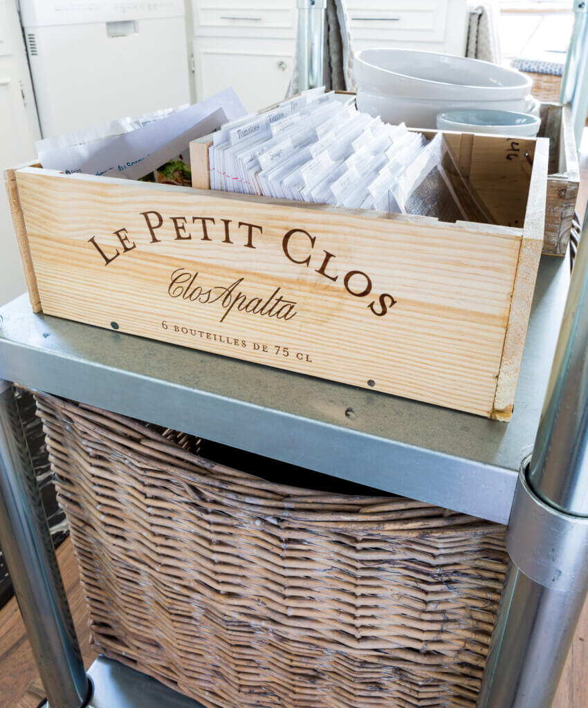 Wood wine crates cut to size to make a diy recipe card holder.
