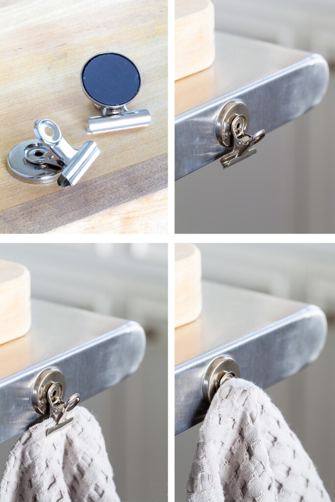 Kitchen organizing tip for holding a dishtowel on a metal food prep cart.